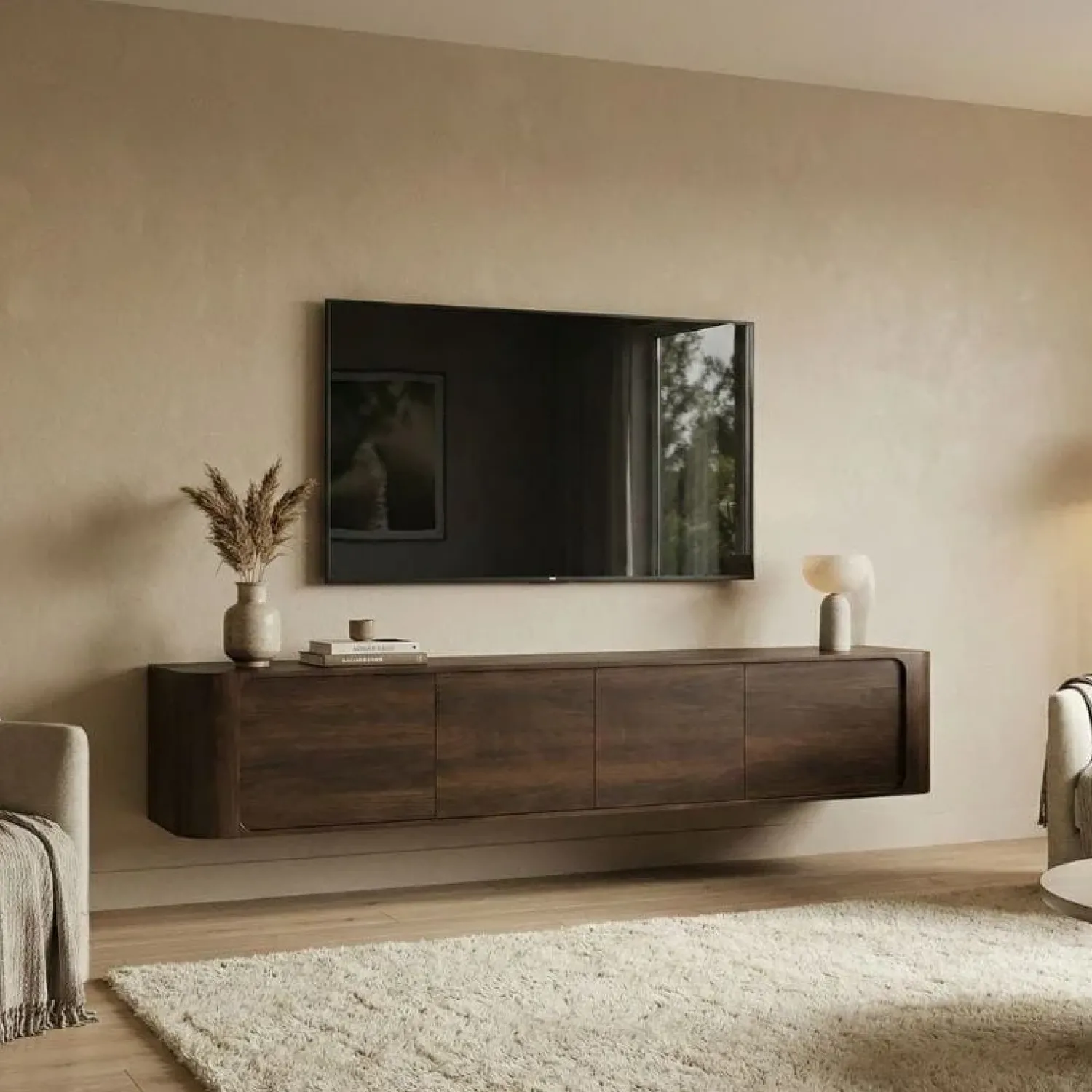 Vane Living Industriele Kasten|Tv Meubels|Amy Tv meubel zwevend Walnoot mangohout 195 cm
