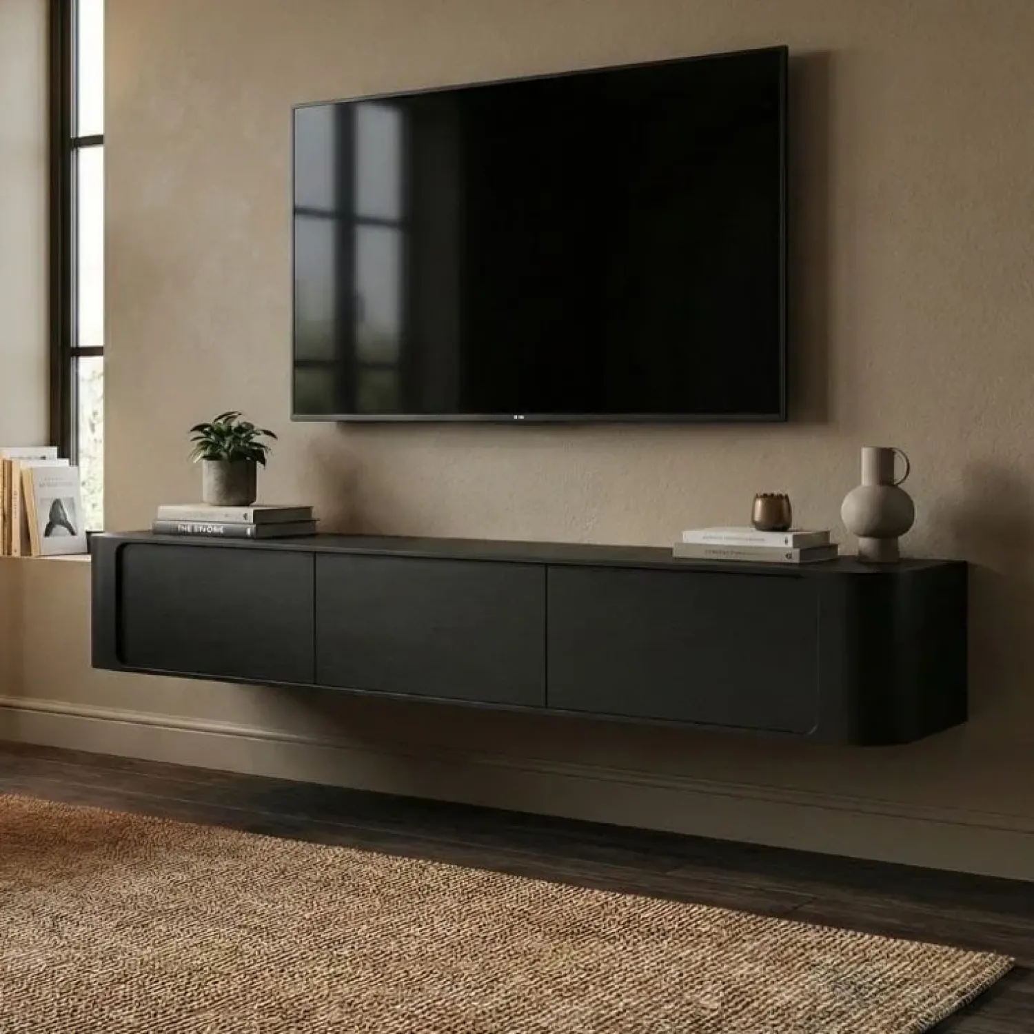 Vane Living Industriele Kasten|Tv Meubels|Amy Tv meubel zwevend Zwart mangohout 155 cm