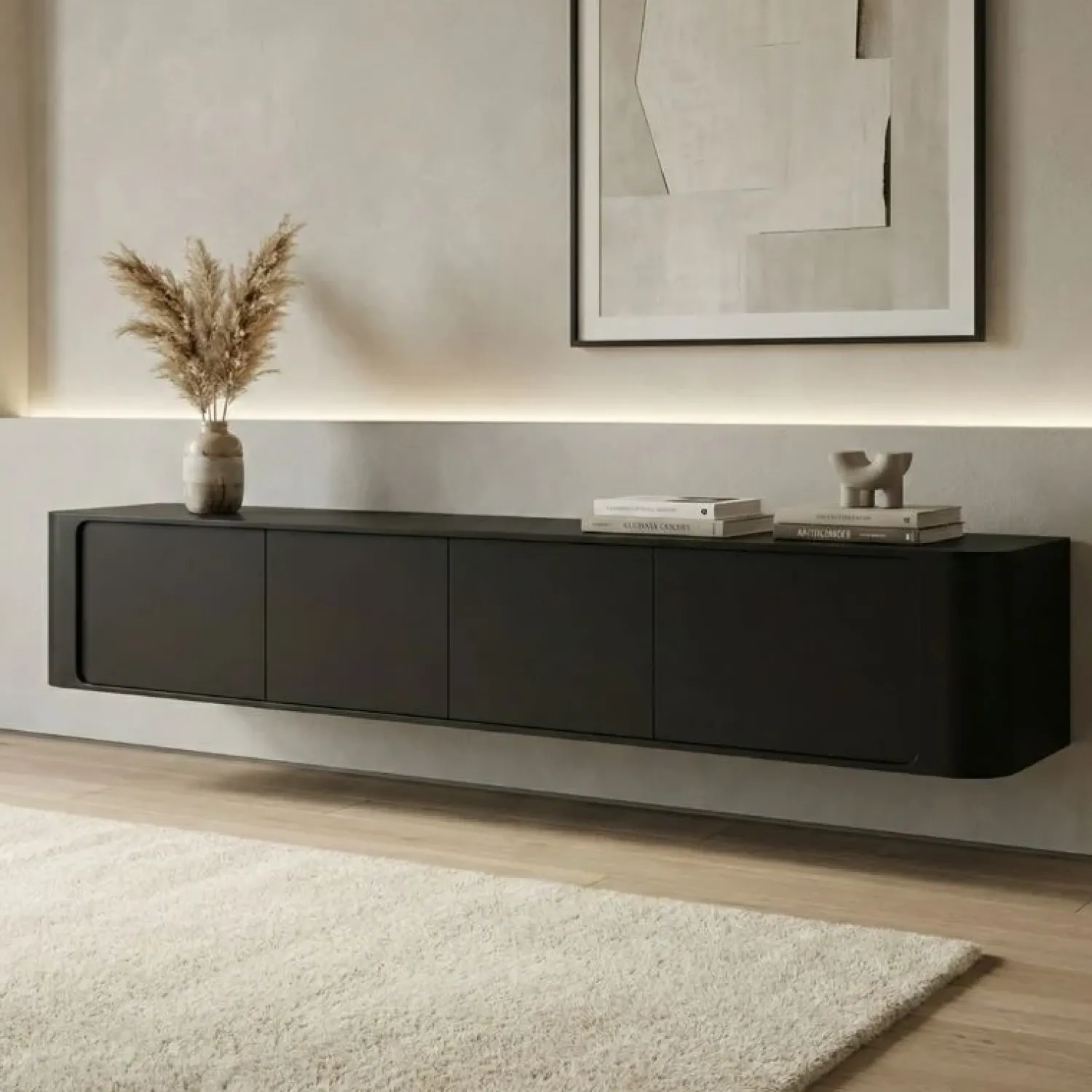 Vane Living Industriele Kasten|Tv Meubels|Amy Tv meubel zwevend Zwart mangohout 195 cm