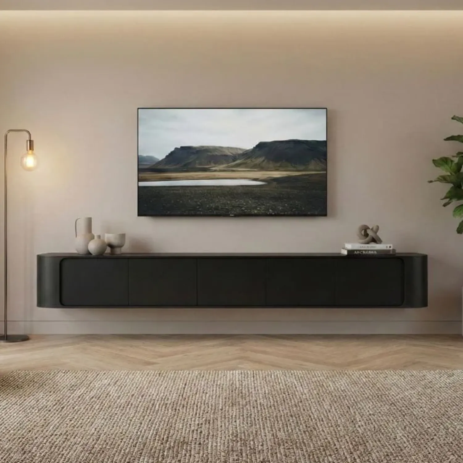 Vane Living Industriele Kasten|Tv Meubels|Amy Tv meubel zwevend Zwart mangohout 235 cm