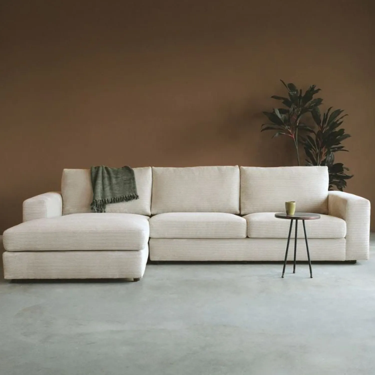 Pepp Hoekbanken|Bank Uno Chaise longue links ribstof beige