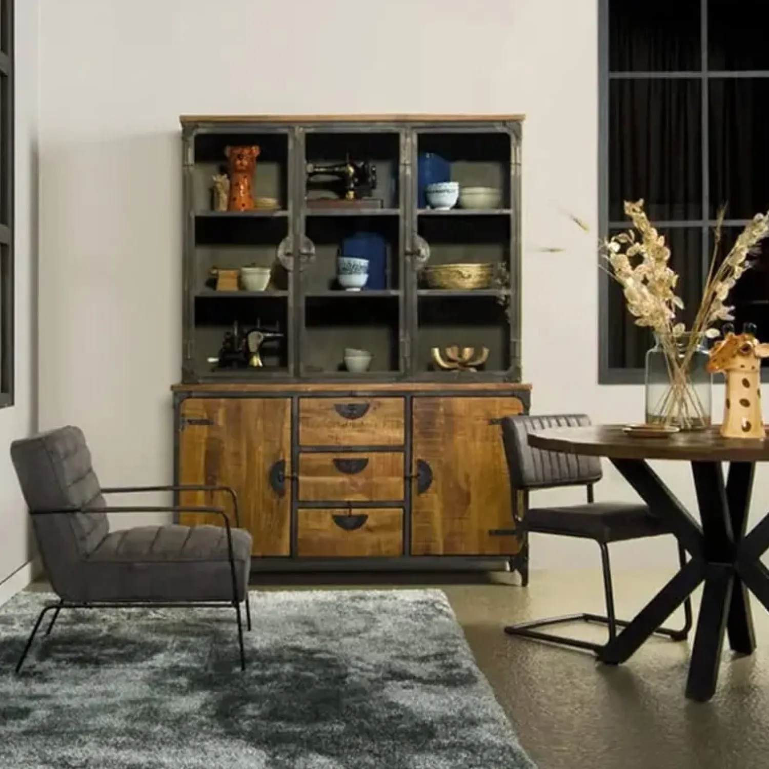 Tower living Vitrinekasten|Industriele Kasten|Basto Vitrinekast 5 drs 3 lades mango naturel matt 160cm