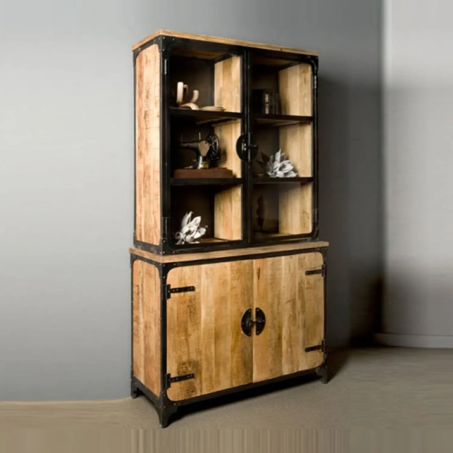 Tower living Vitrinekasten|Industriele Kasten|Basto Vitrinekast 4 drs mango naturel matt