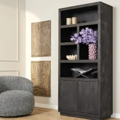 Furndea Boekenkasten|Industriele Kasten|Boekenkast Dortmund mangohout zwart 5 vakken 90cm