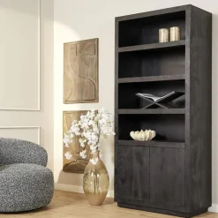 Furndea Boekenkasten|Industriele Kasten|Boekenkast Dortmund mangohout zwart 4 vakken 90cm