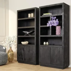 Furndea Boekenkasten|Industriele Kasten|Boekenkast Dortmund mangohout zwart 4 vakken 90cm