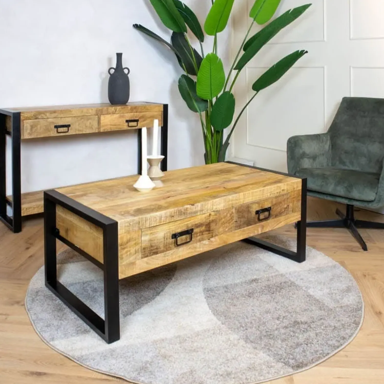 Furndea Salontafels|Britt salontafel industrieel mangohout met lades 120cm