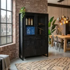 Furndea Vitrinekasten|Industriele Kasten|Britt vitrinekast industrieel mangohout zwart 115cm