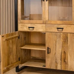Furndea Vitrinekasten|Industriele Kasten|Britt vitrinekast industrieel mangohout hoog 115cmx200cm