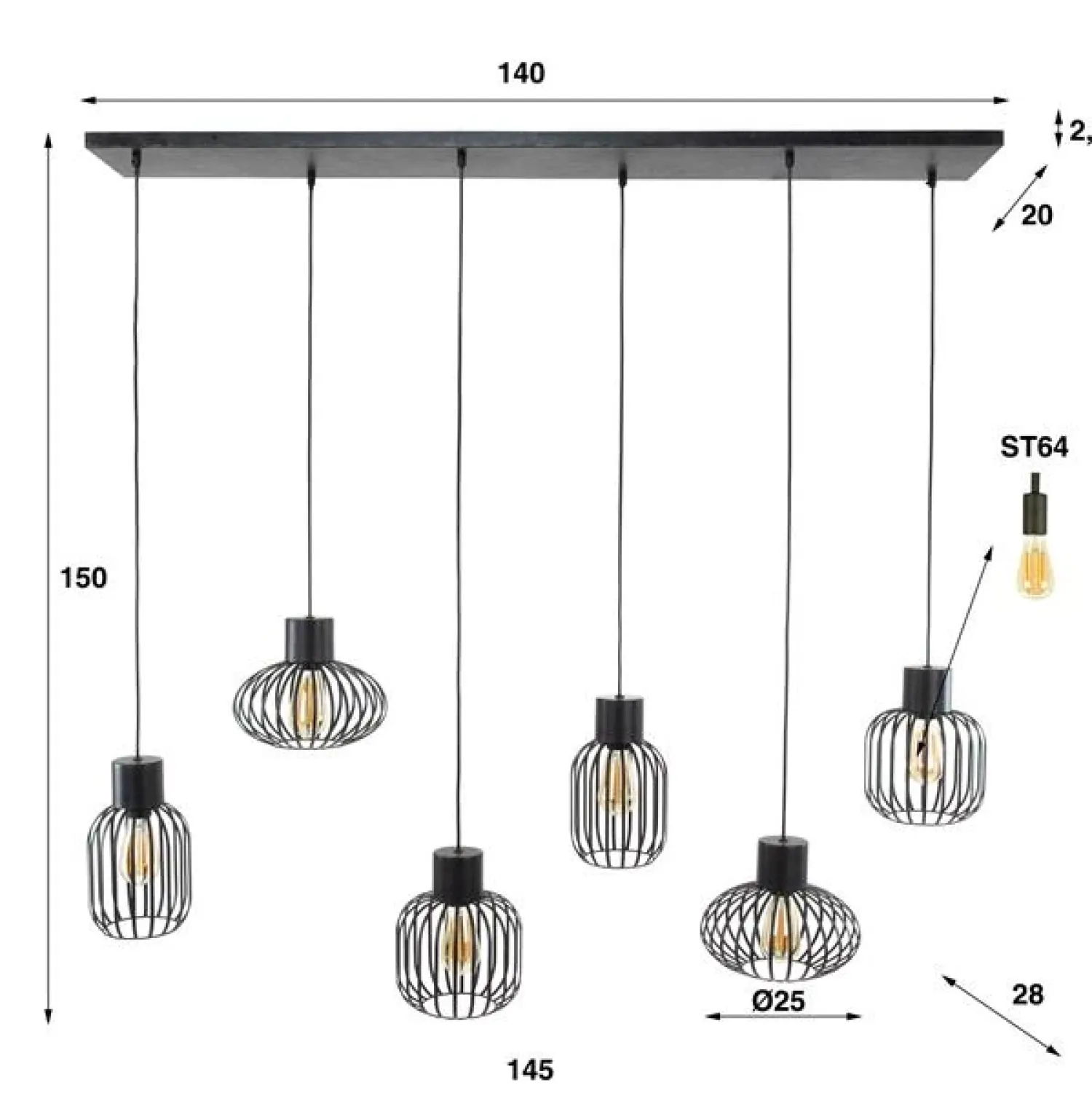 Kalfort Hanglampen|Cage 6-lichts Hanglamp Charcoal zwart
