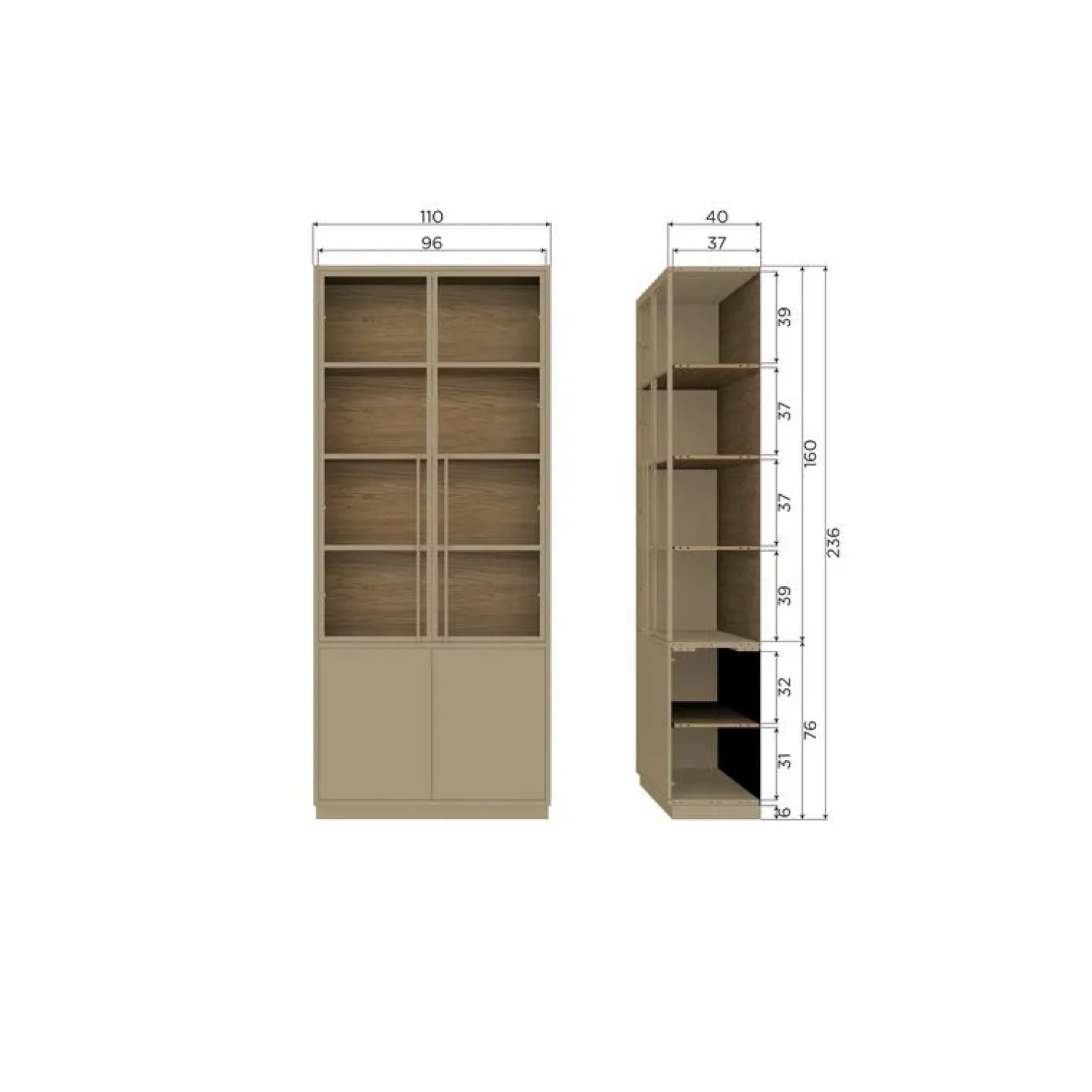 WOOOD Vitrinekasten|Industriele Kasten|Casa Buffetkast grenen mud 101 cm