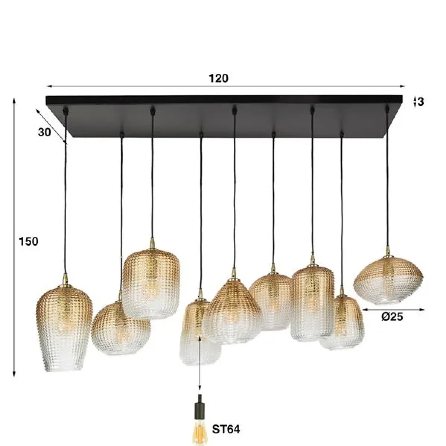 Kalfort Hanglampen|Glazen Hanglamp|Claude 9-lichts Hanglamp Amberkleurig glas