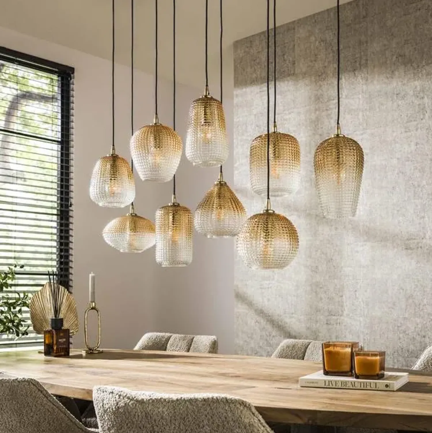 Kalfort Hanglampen|Glazen Hanglamp|Claude 9-lichts Hanglamp Amberkleurig glas