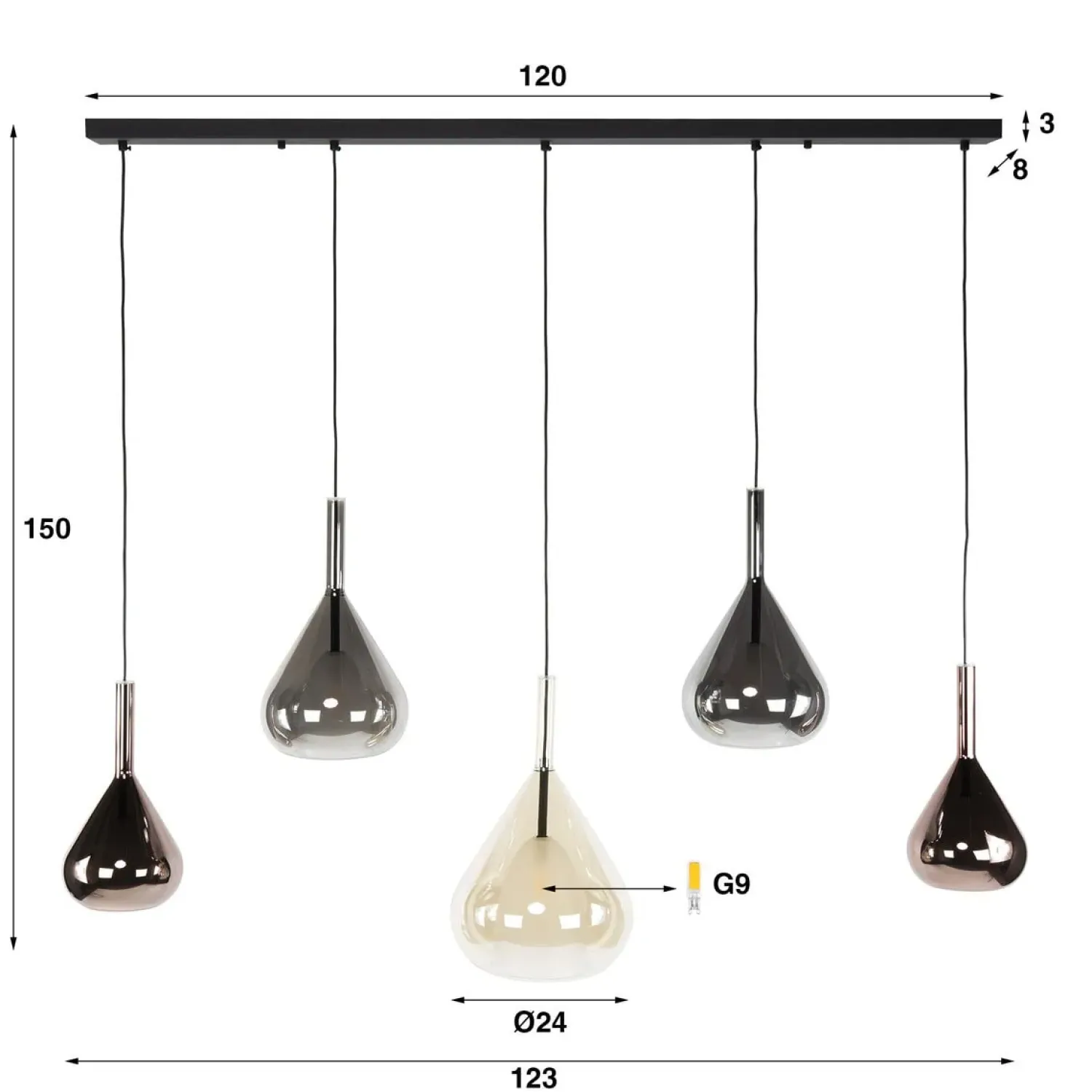 Kalfort Hanglampen|Glazen Hanglamp|Corrado 5-lichts Hanglamp Meerkleurig