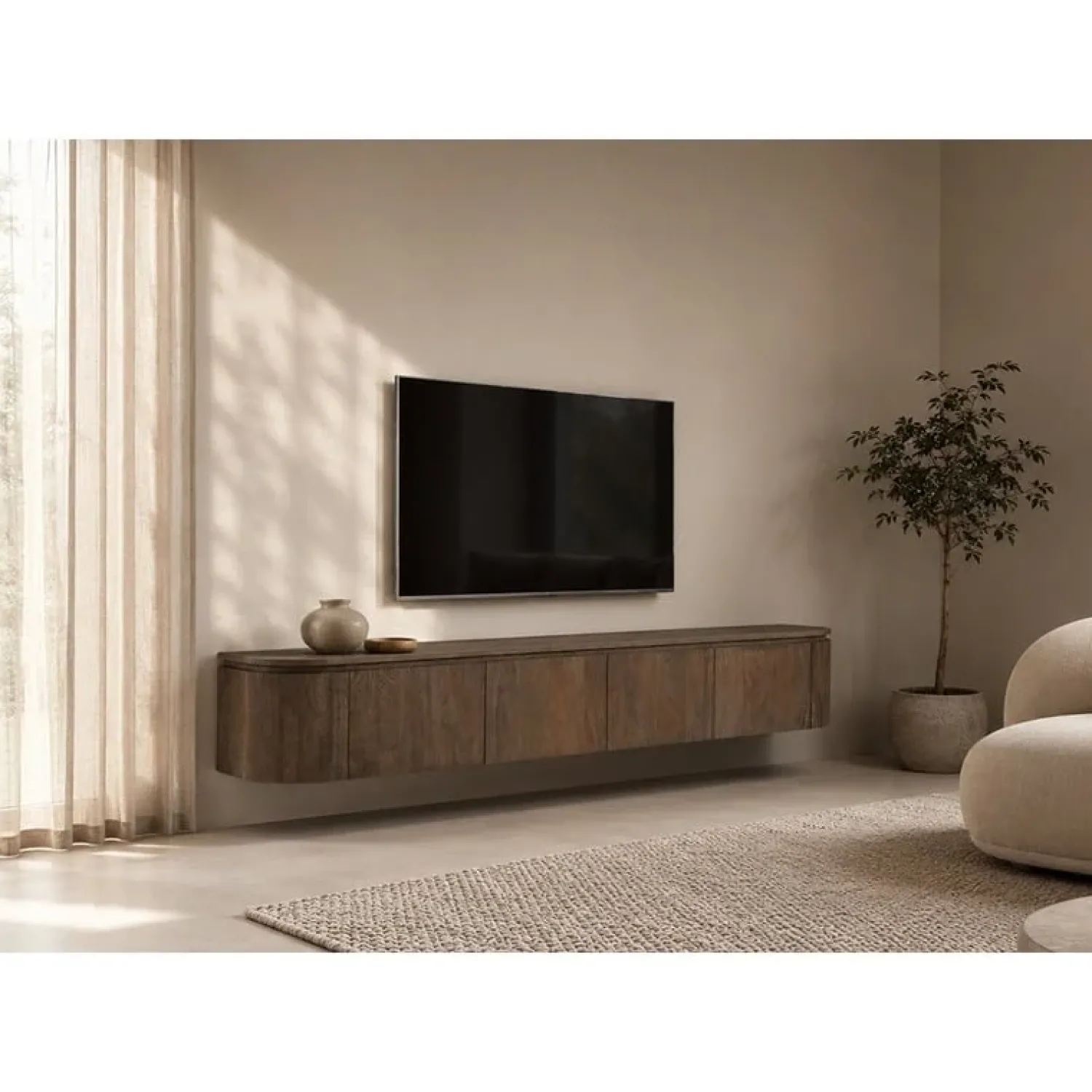Livingfurn Industriele Kasten|Tv Meubels|Cortez Zwevend Tv meubel rond walnoot 180cm