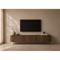 Livingfurn Industriele Kasten|Tv Meubels|Cortez Zwevend Tv meubel rond walnoot 220cm