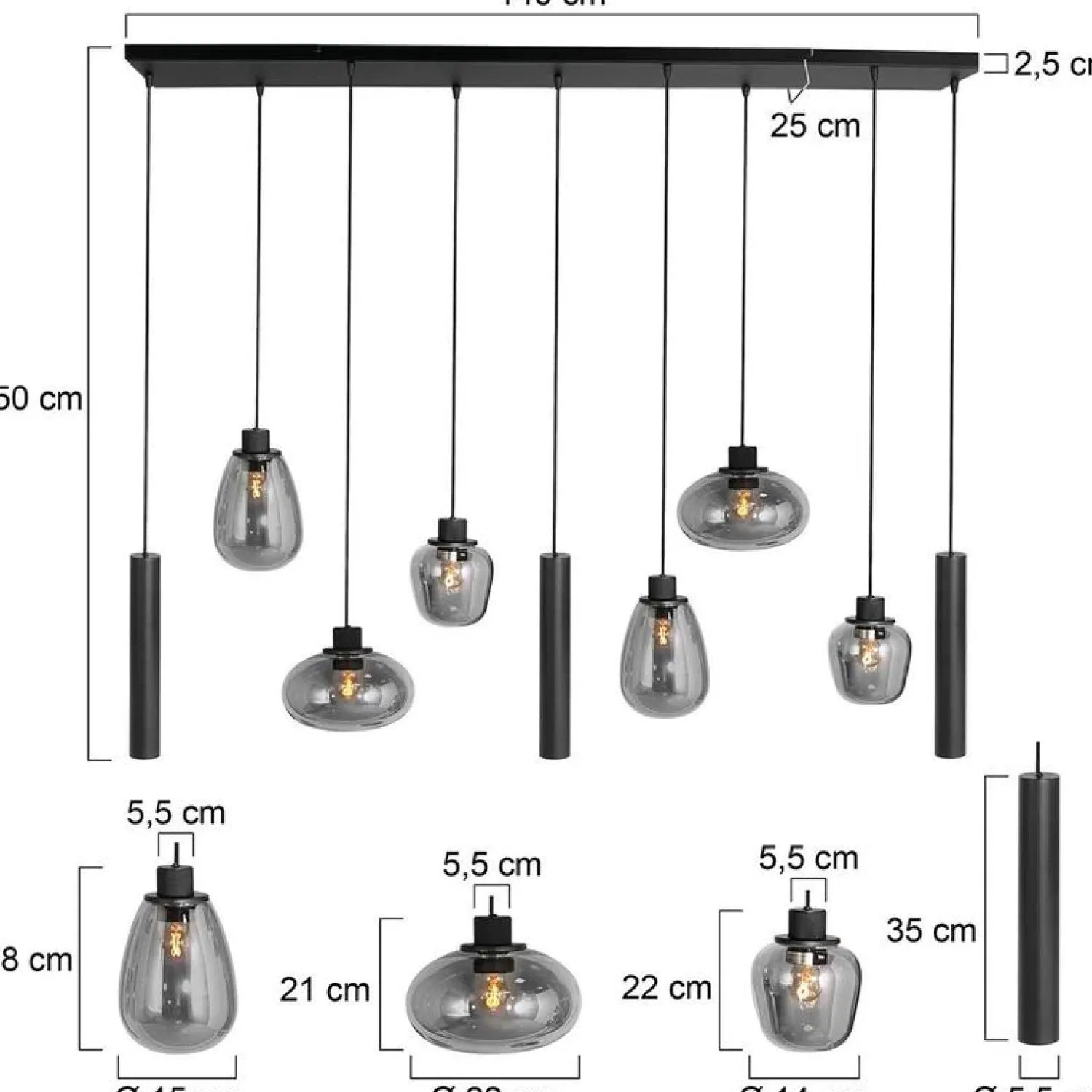 Steinmex Hanglampen|Glazen Hanglamp|Curtis 6+3 lichts Hanglamp Smoke