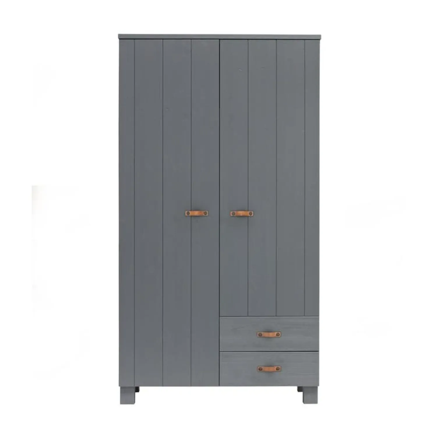 WOOOD Industriele Kasten|Kledingkasten|Dennis Kledingkast met laden grenen grijs met leren greep 111cm