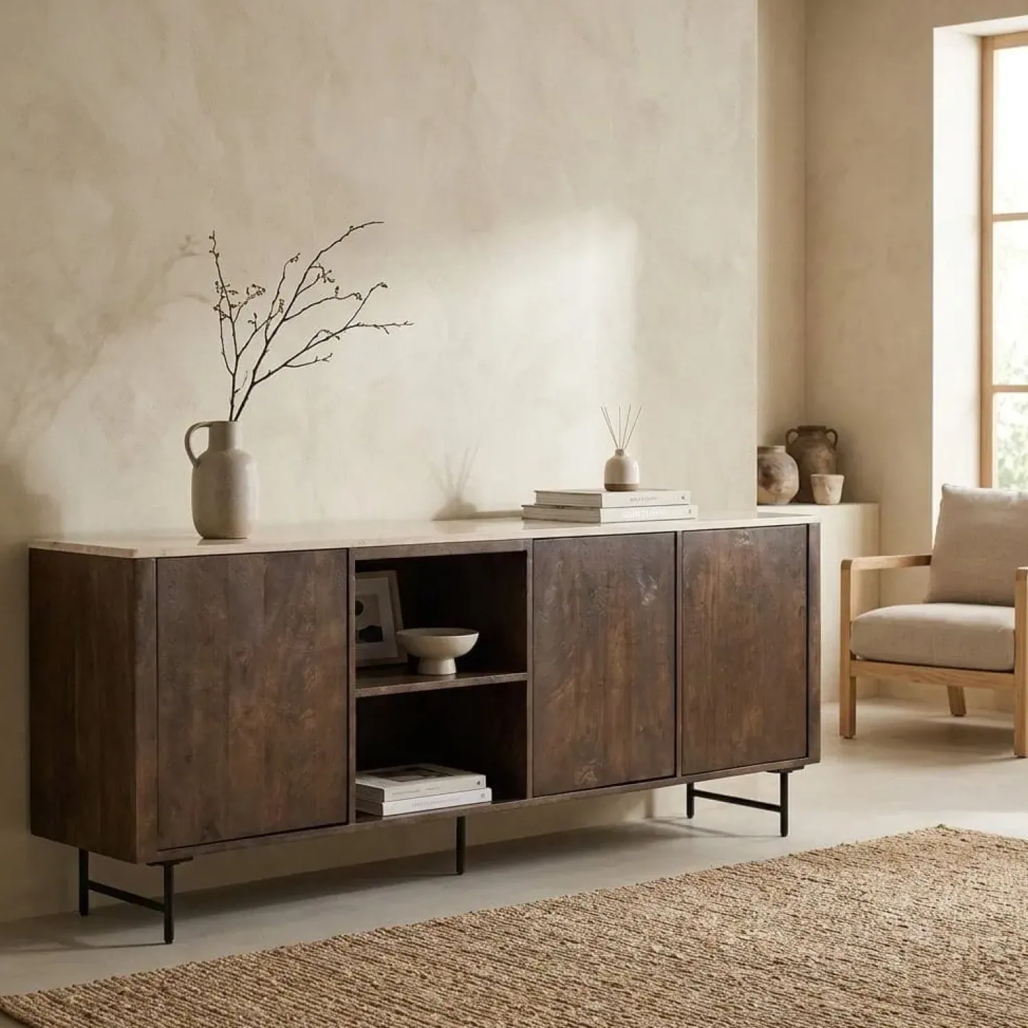 Eleonora Dressoirs|Industriele Kasten|Dressoir Lio mangohout 3 deurs 200cm