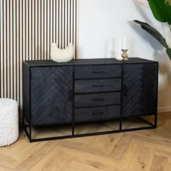 Furndea Dressoirs|Industriele Kasten|Dressoir mangohout Scandi industrieel visgraat zwart - 165cm