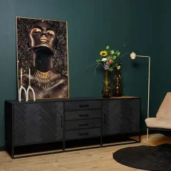 Furndea Dressoirs|Industriele Kasten|Dressoir mangohout Scandi industrieel visgraat zwart - 210cm