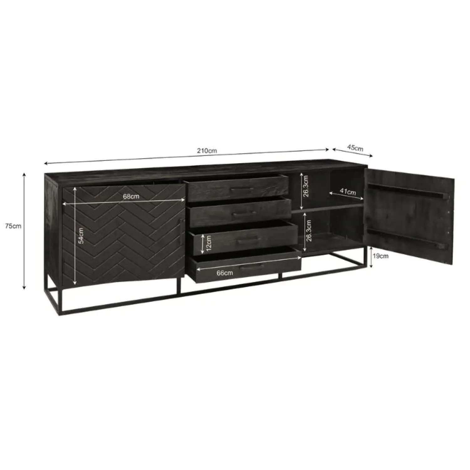 Furndea Dressoirs|Industriele Kasten|Dressoir mangohout Scandi industrieel visgraat zwart - 210cm