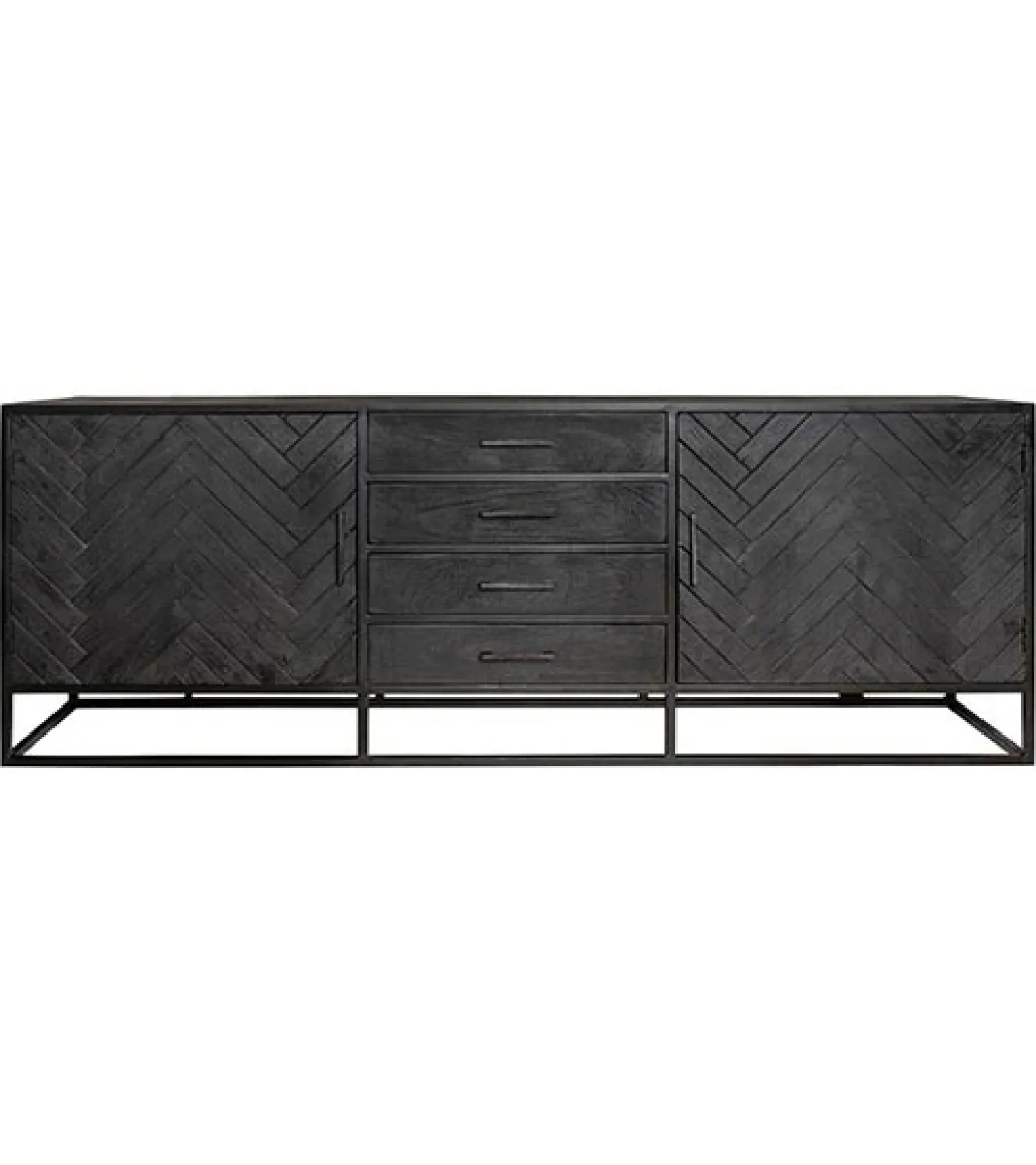 Furndea Dressoirs|Industriele Kasten|Dressoir mangohout Scandi industrieel visgraat zwart - 210cm
