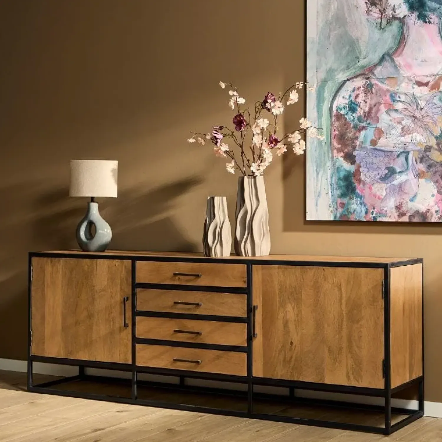 Furndea Dressoirs|Industriele Kasten|Dressoir Morada Warm mangohout industrieel - 210cm
