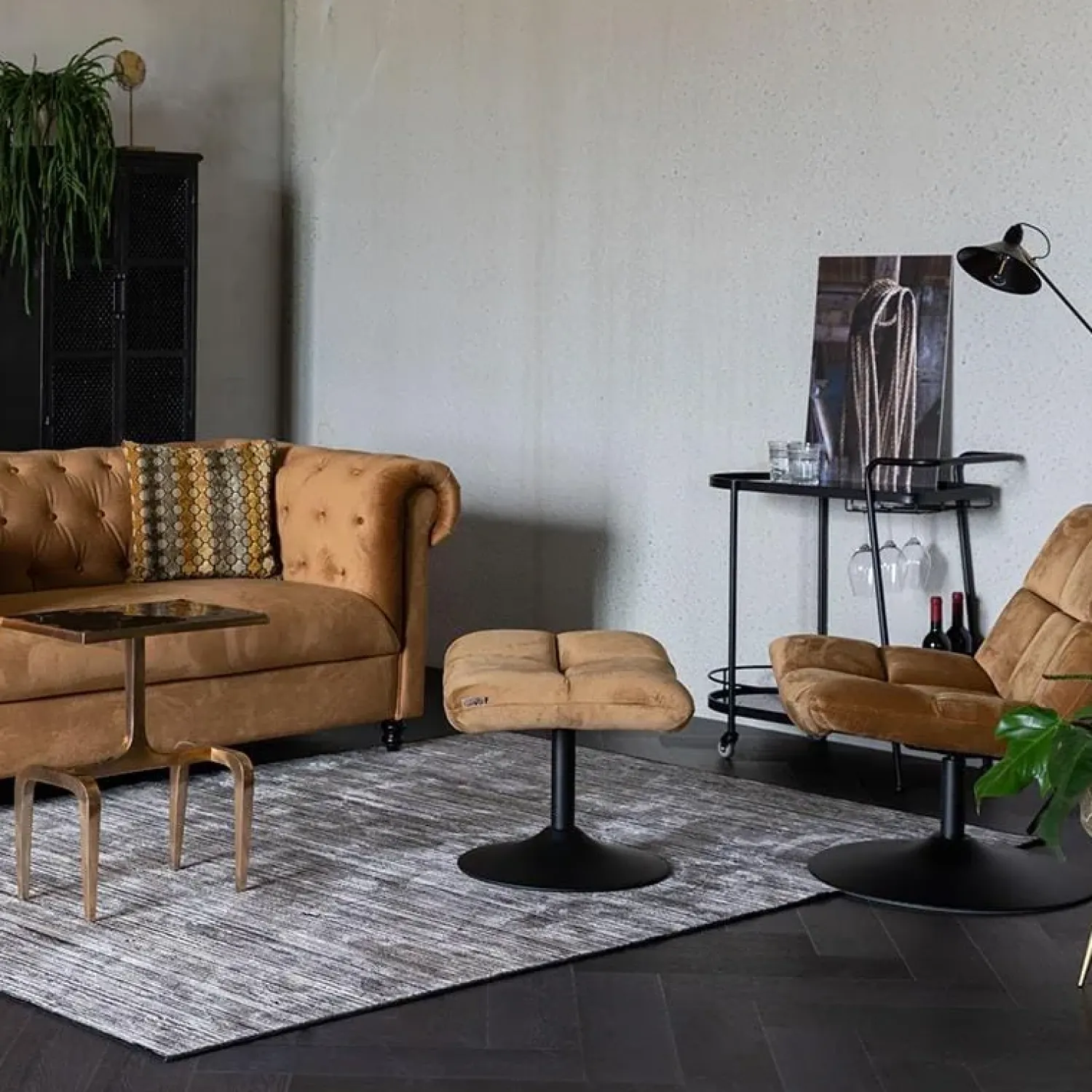 Dutchbone Hockers|Hocker Bar Velvet Goud Bruin