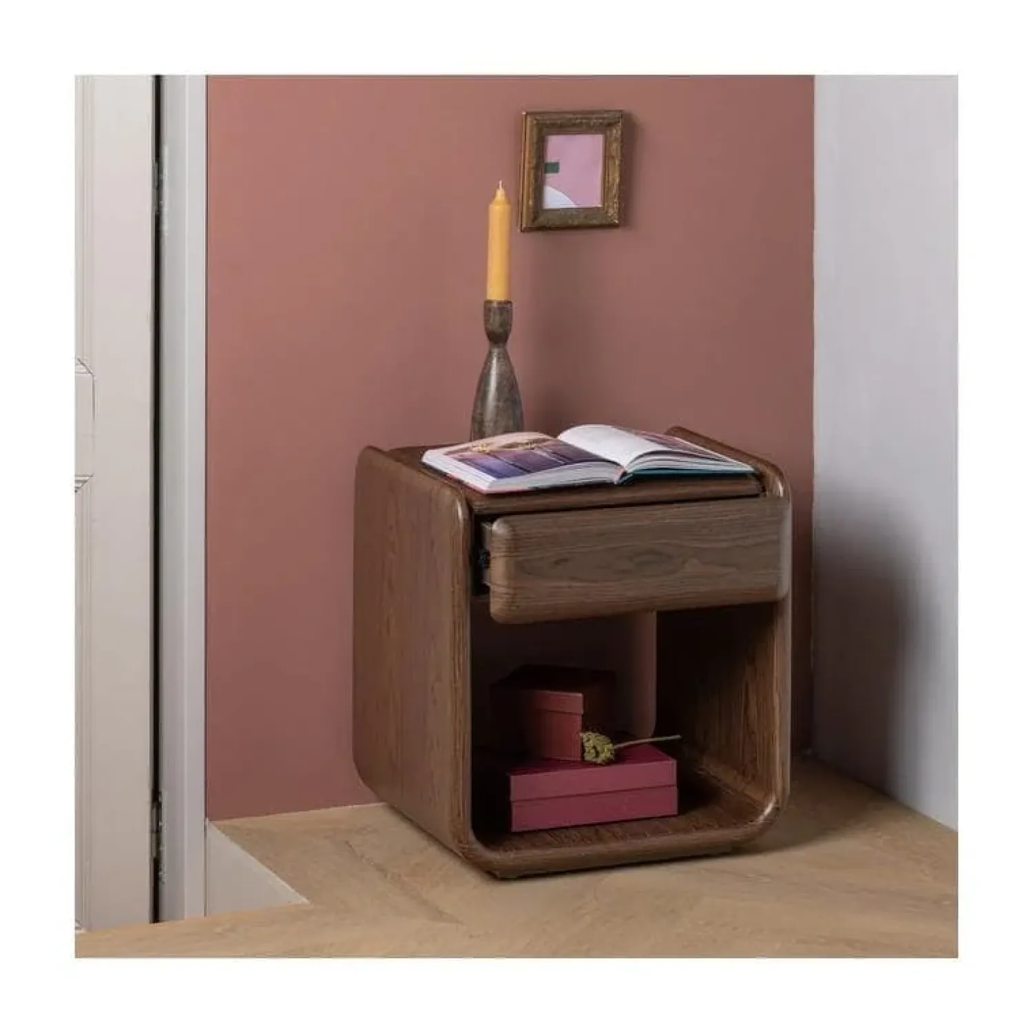 WOOOD Nachtkastjes|Industriele Kasten|Elura Nachtkastje 1 lade Fineer Bruin 51cm
