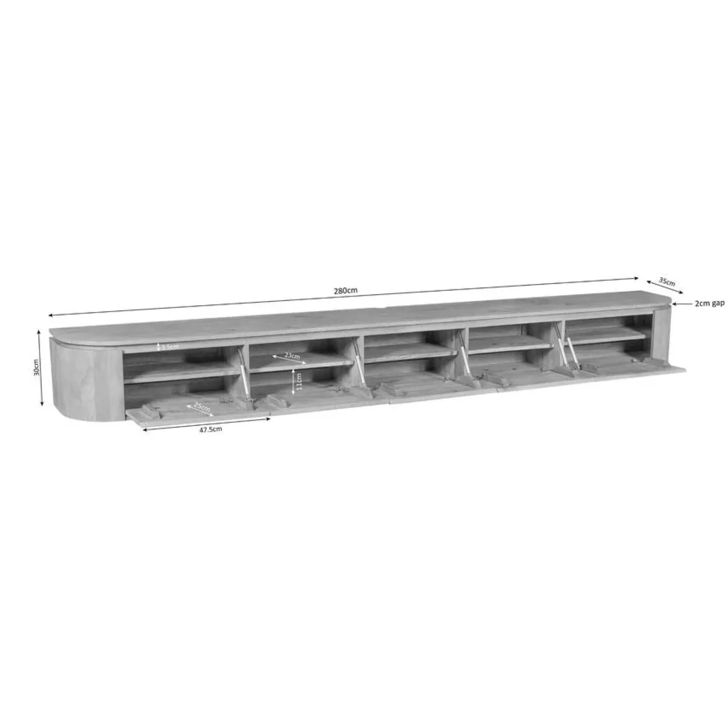 Furndea Industriele Kasten|Tv Meubels|Evi Zwevend Tv meubel Naturel Mangohout 280cm