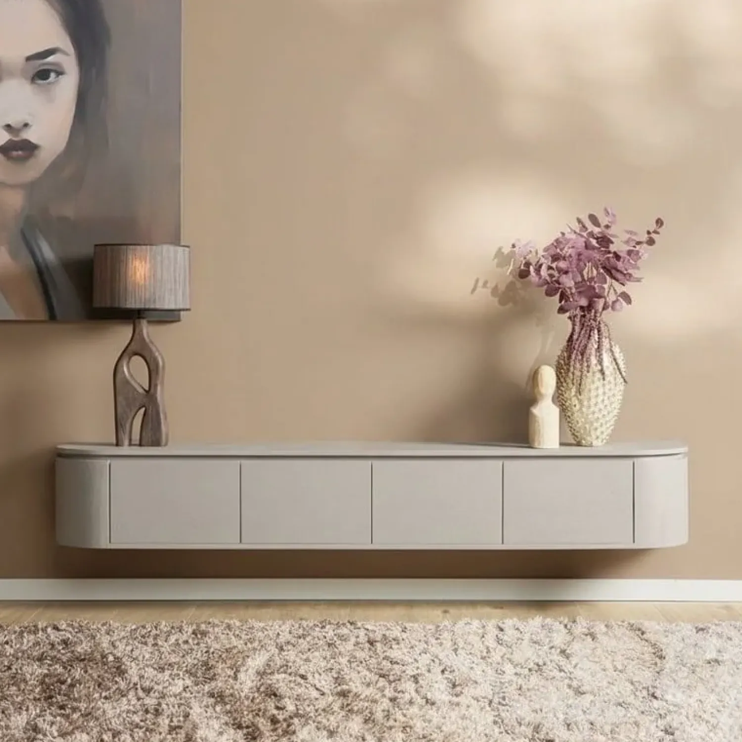 Furndea Industriele Kasten|Tv Meubels|Evi Zwevend Tv meubel Taupe Mangohout 200cm