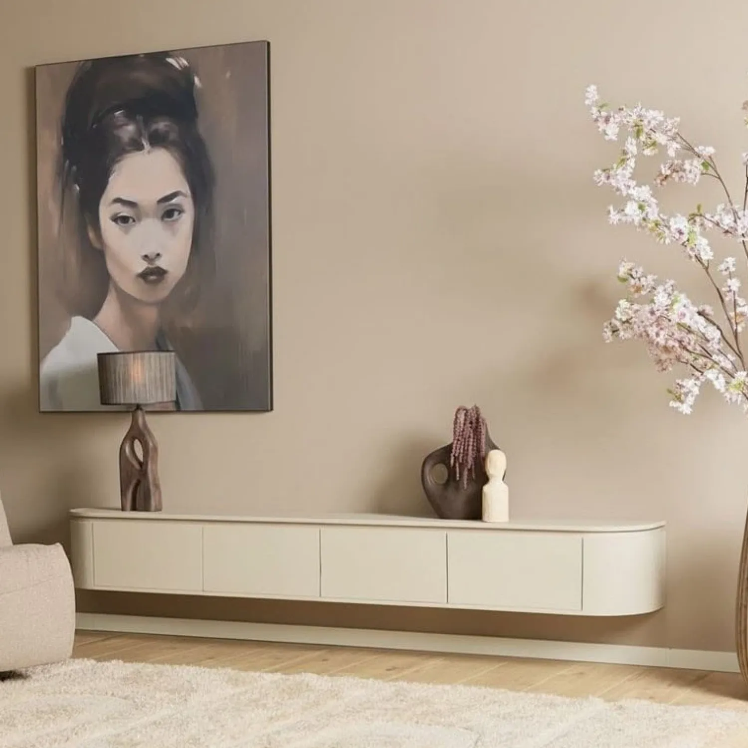 Furndea Industriele Kasten|Tv Meubels|Evi Zwevend Tv meubel Zand Mangohout 240cm