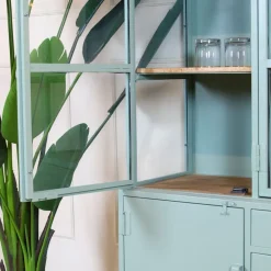 Cavetown Vitrinekasten|Industriele Kasten|Figue vitrinekast hoog olijfgroen houten planken 136cm