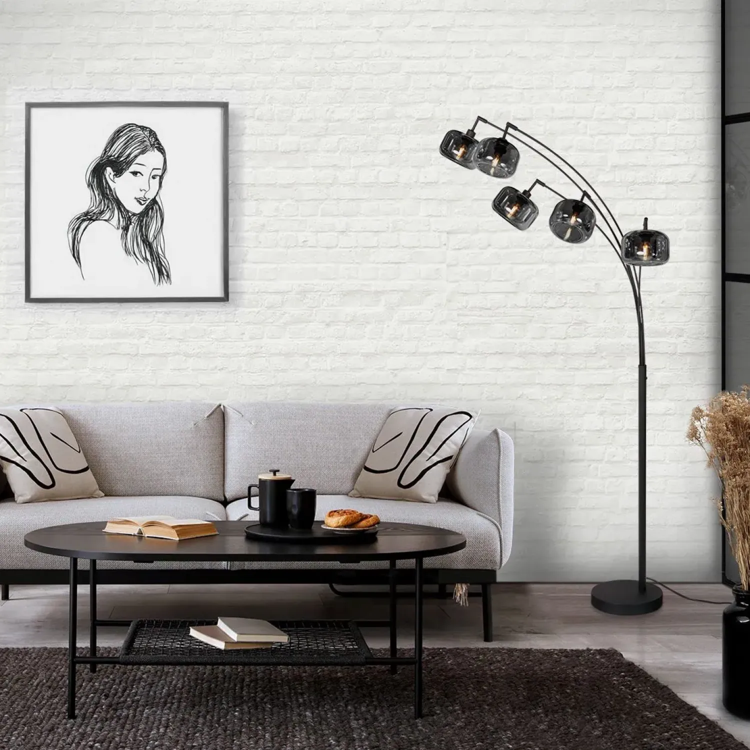 Steinmex Booglampen|Gabriella 5-lichts Booglamp Smoke Glas