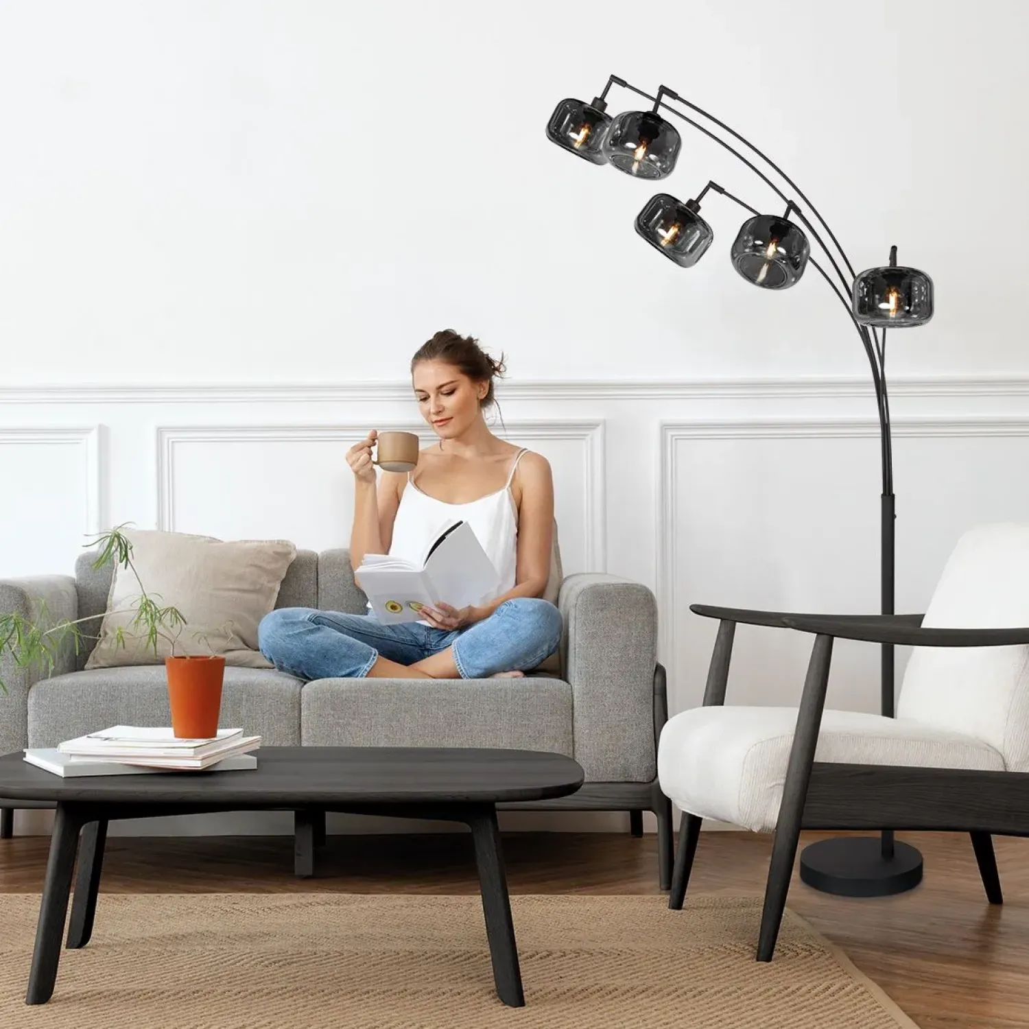 Steinmex Booglampen|Gabriella 5-lichts Booglamp Smoke Glas