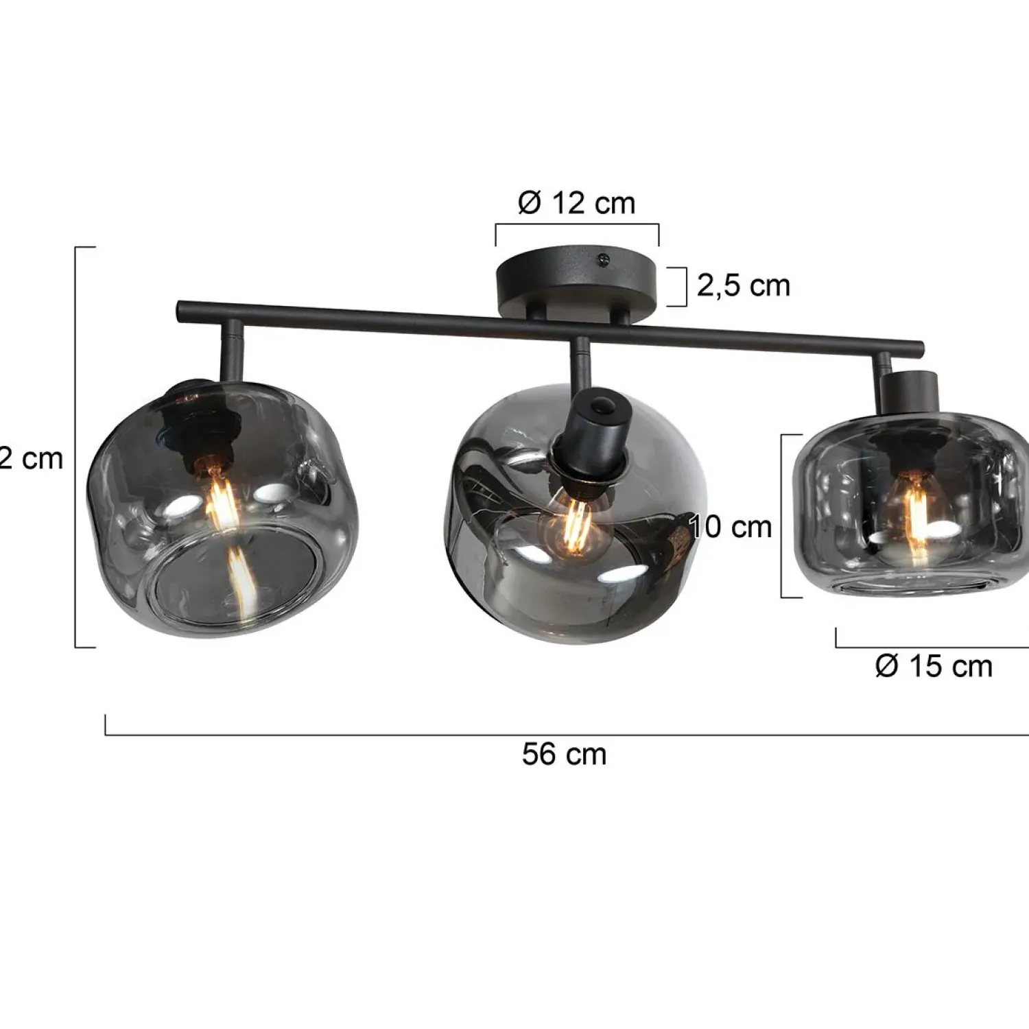 Steinmex Plafondlampen|Gabriella 3-lichts Plafondlamp Smoke Glas
