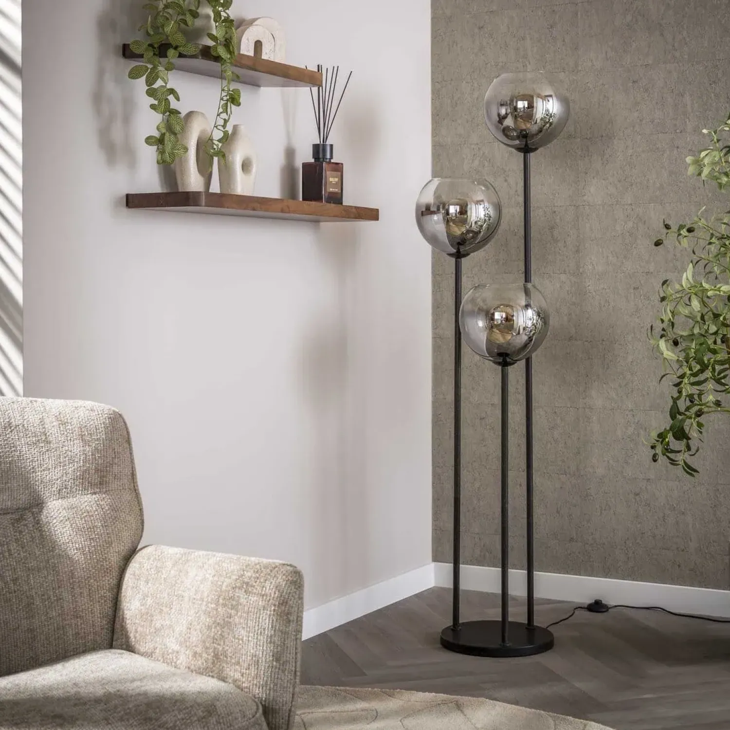 Kalfort Vloerlampen|Galsa 3-lichts Vloerlamp Smoke glas