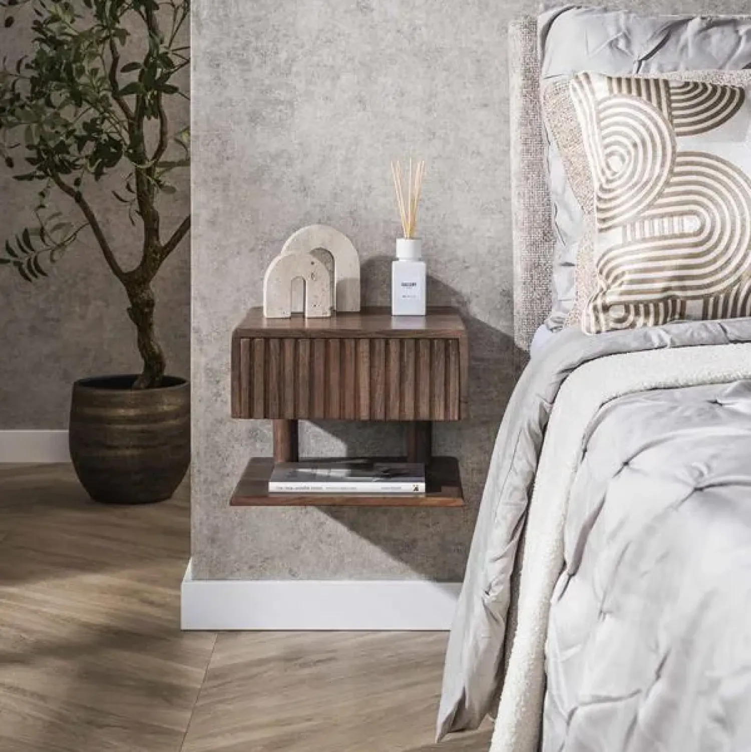 Kalfort Nachtkastjes|Industriele Kasten|Giorgia Zwevend Nachtkastje 1 plank Acaciahout Bruin 35cm