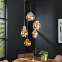 Kalfort Hanglampen|Glazen Hanglamp|Glowy 5-lichts hanglamp amber getrapt