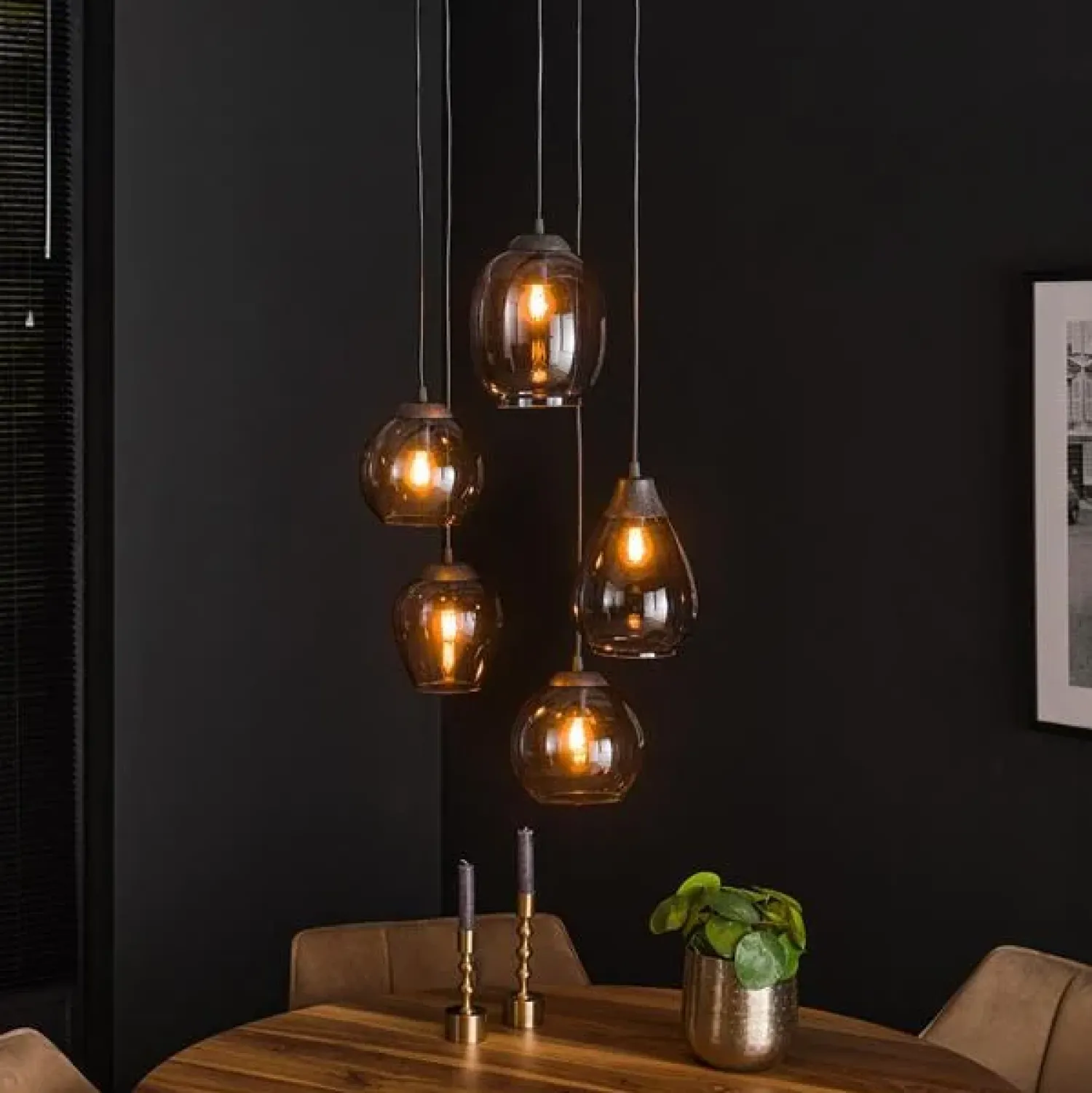 Kalfort Hanglampen|Glazen Hanglamp|Glowy Smokeglas 5-lichts hanglamp getrapt