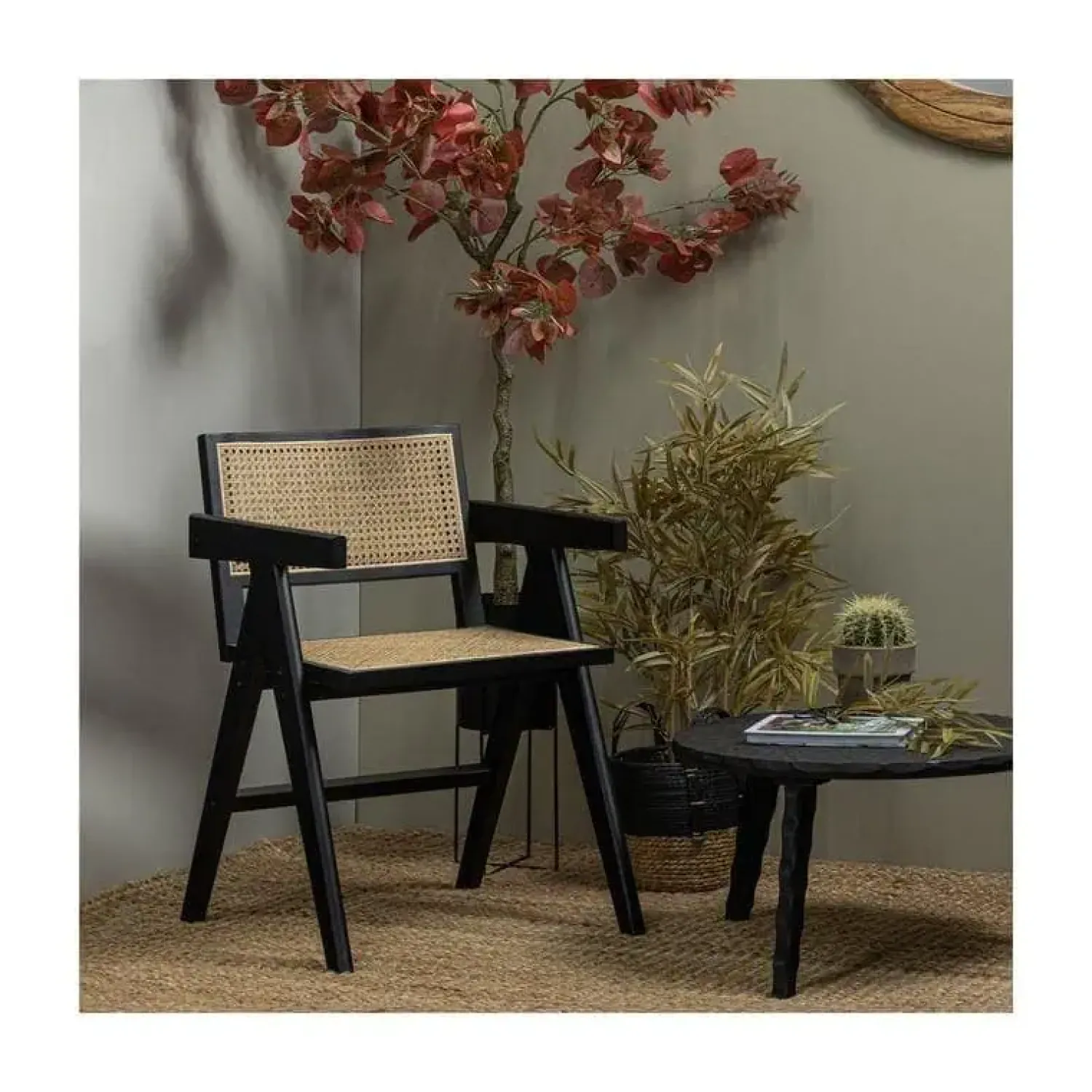 WOOOD Eetkamerstoelen|Gunn Eetkamerstoel rattan/hout zwart