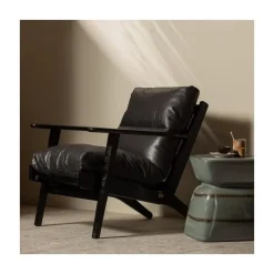 WOOOD Fauteuils|Houston Fauteuil leer/hout zwart