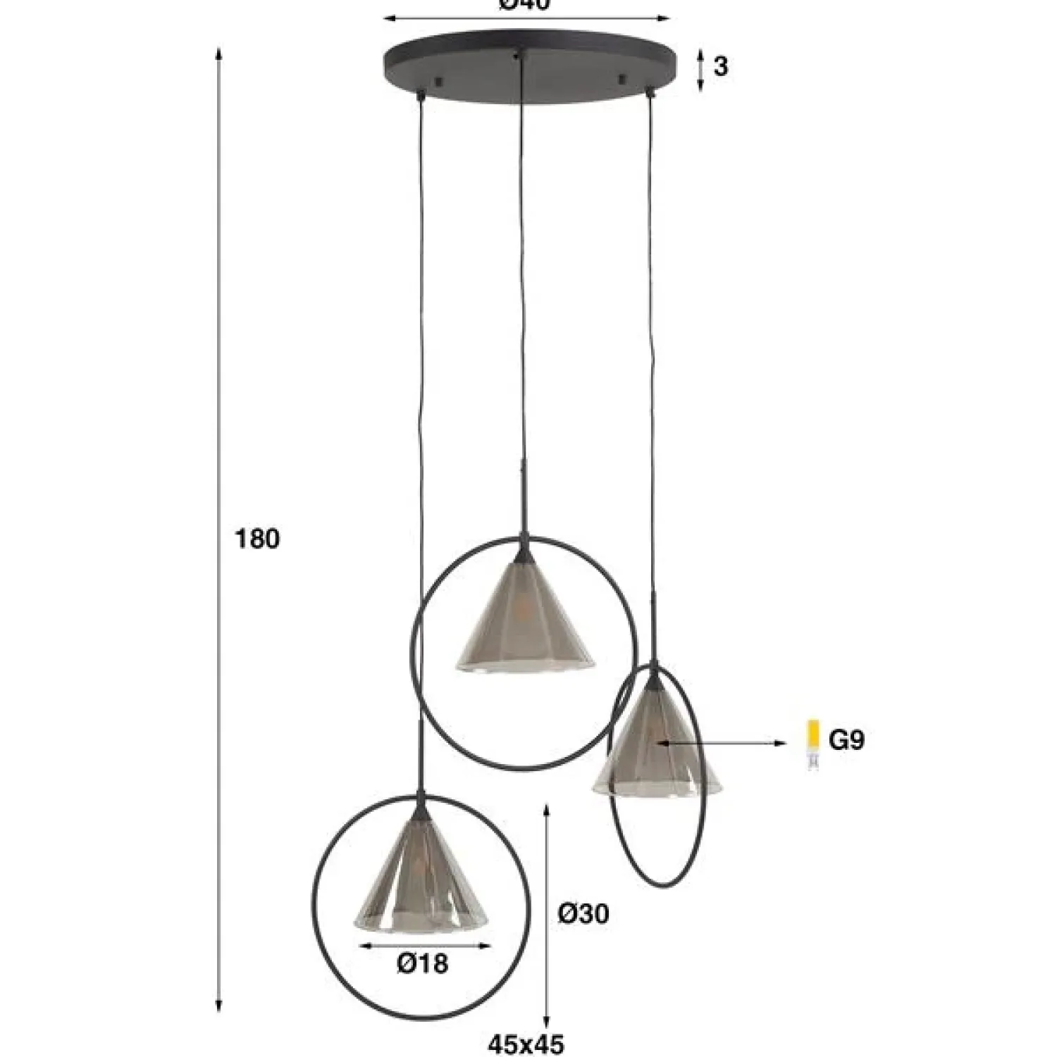Trading Lighting Hanglampen|Glazen Hanglamp|Indra 3-lichts Hanglamp getrapt Smoke
