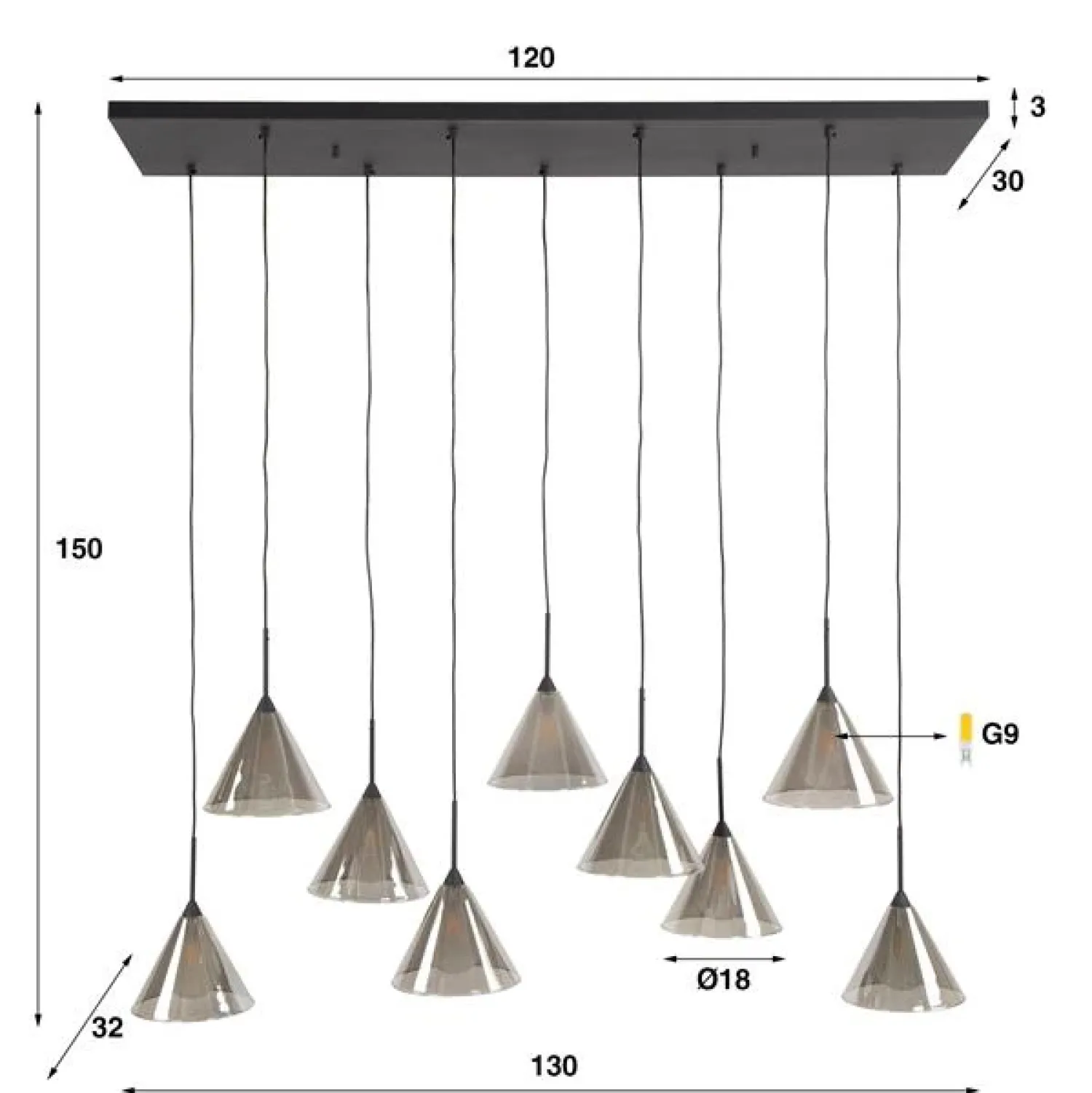 Kalfort Hanglampen|Glazen Hanglamp|Indra 9-lichts Hanglamp Smoke