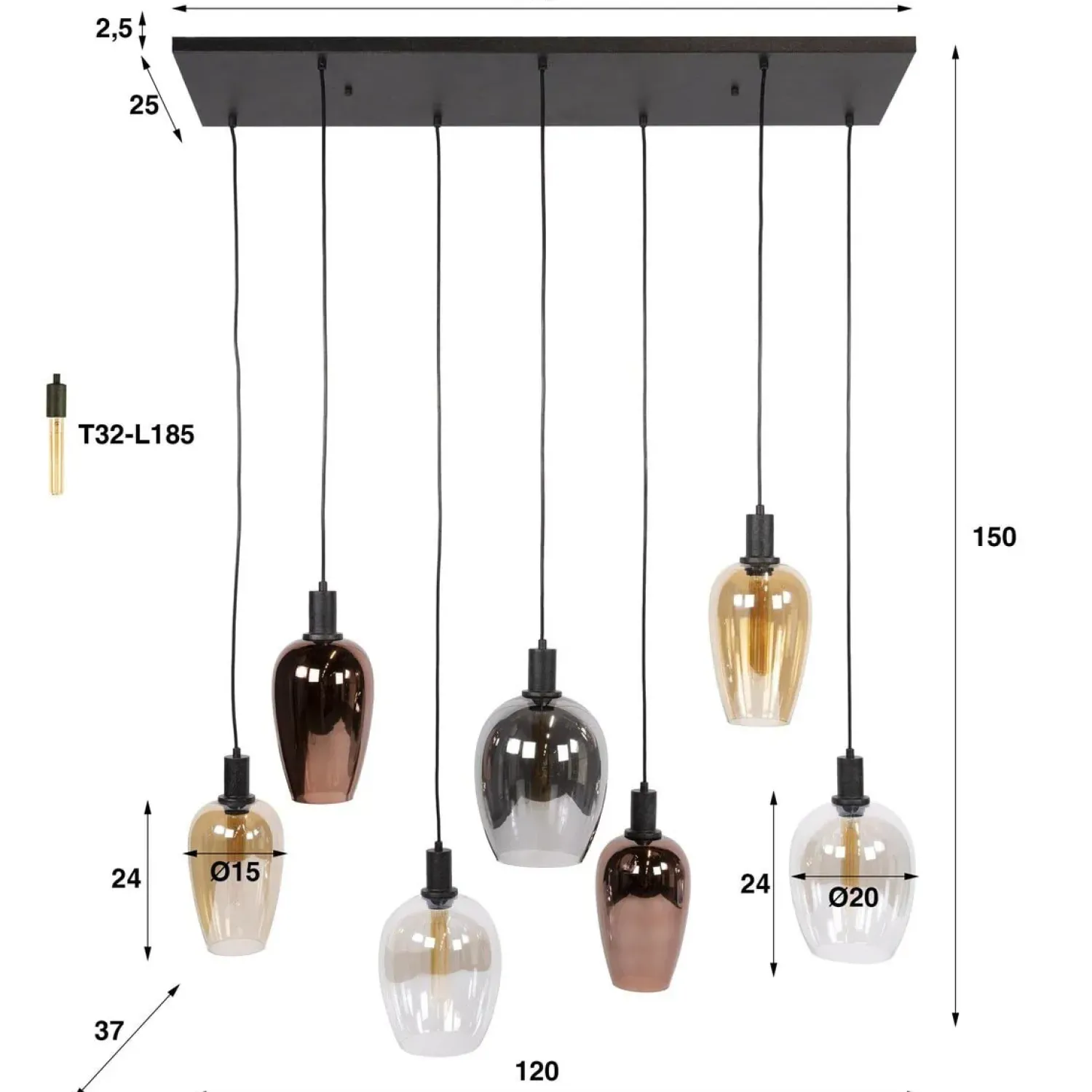 Kalfort Hanglampen|Glazen Hanglamp|Jenny 7-lichts Hanglamp Meerkleurig glas