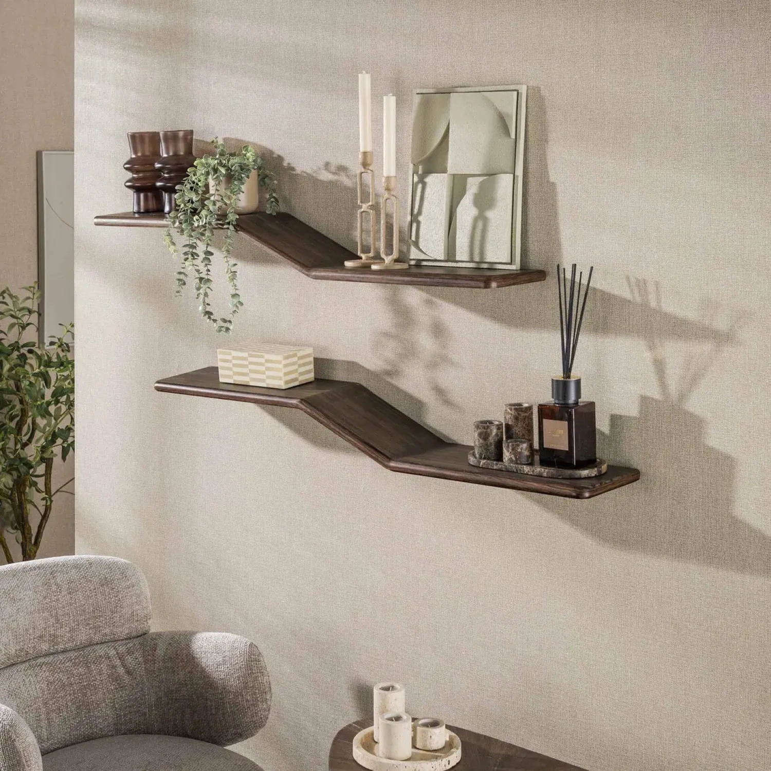 Kalfort Wandplanken|Wandplanken|Jill Wandplank S-vorm set van 2 Teakhout