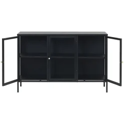 LykkeHome Dressoirs|Industriele Kasten|Kaya 3 deurs vitrinekast zwart metaal 132cm