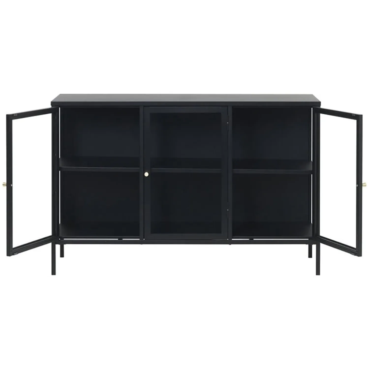 LykkeHome Dressoirs|Industriele Kasten|Kaya 3 deurs vitrinekast zwart metaal 132cm