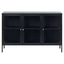 LykkeHome Dressoirs|Industriele Kasten|Kaya 3 deurs vitrinekast zwart metaal 132cm